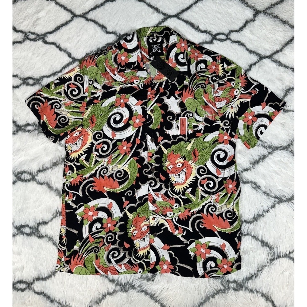 ED HARDY Japan Dragon Button Up Multicolor Camp Shirt Men's Size M *NEW* $85
